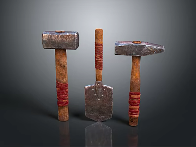 Three Ancient Weapons With Wooden Handles Shovel Shaped Metal Heads And Red Wraps 3d model