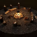 Outdoor Nighttime Campfire Scene With Stone Circle Wooden Stumps And Lit Lanterns