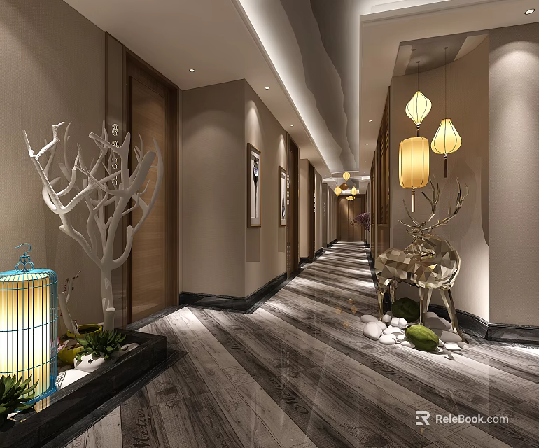 Elevator Corridor Interior Design With Branch Sculpture Lantern Deer Statue And Warm Lighting 3d model
