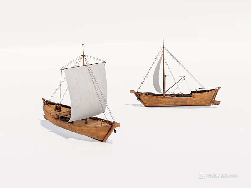Two Traditional Wooden Sailboats With White Canvas Sails On White Background 3d model 