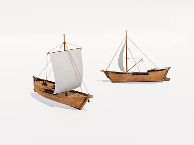 Two Traditional Wooden Sailboats With White Canvas Sails On White Background 3d model