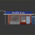 Flower Shop Storefront With Blue Roof Striped Awning And Glass Display Windows