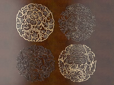 Exquisite Round Wooden Carvings With Intricate Floral Patterns On Dark Background 3d model
