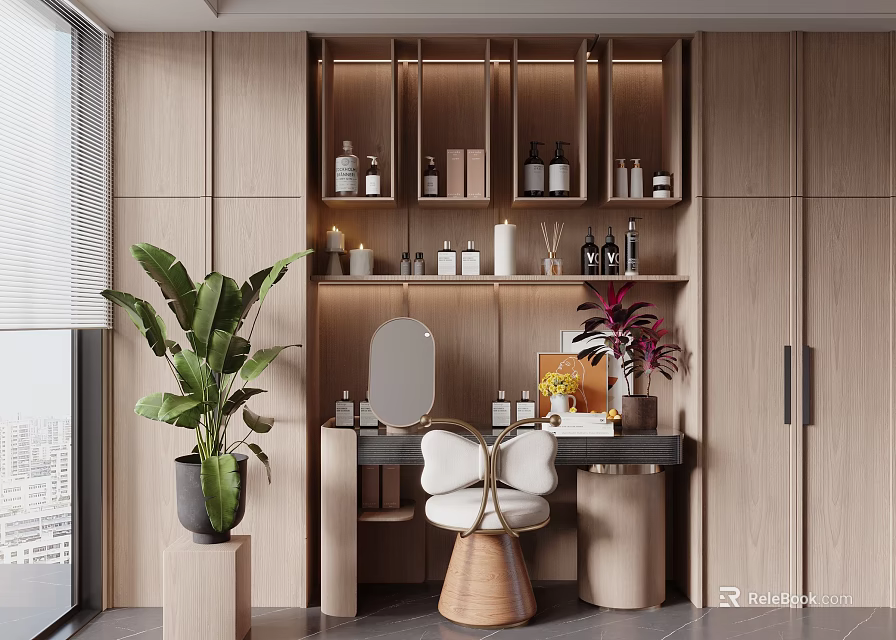 Modern Light Luxury Wooden Dressing Table With Built In Storage Shelves And Stylish Makeup Chair 3d model 