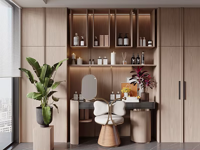 Modern Light Luxury Wooden Dressing Table With Built In Storage Shelves And Stylish Makeup Chair 3d model