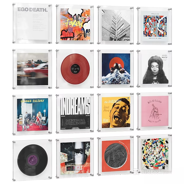 Stylish Modern Wall Decor With Vinyl Records And Album Covers In Clear Frames 3d model 