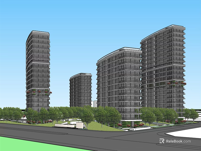 Modern High Rise Residential Buildings Featuring Lush Greenery Trees And Street Scene 3d model 