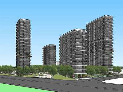Modern High Rise Residential Buildings Featuring Lush Greenery Trees And Street Scene 3d model