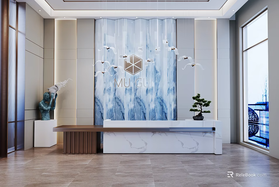 Elegant Front Desk Reception With Marble Desk Textured Backdrop Hanging Lights And Decorative Plant 3d model 