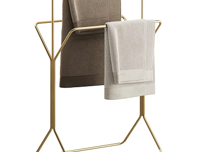 Bathroom Towel Rack with Golden Metal Frame Holding Brown and Light Gray Towels 3d model