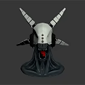 Sci Fi Weapon Helmet Sculpture With White Horns Red Open Mouth And Black Base