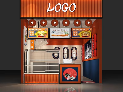 Mall Food Shop With Orange Striped Facade Illuminated Light Boxes And Food Displays 3d model