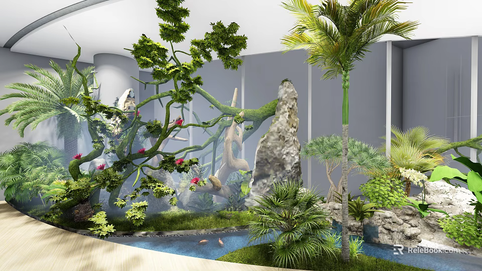 Roof Garden With Lush Green Plants Rock Formations Small Pond And Colorful Flowers 3d model 
