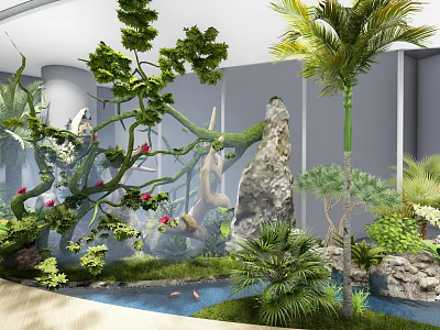 Roof Garden With Lush Green Plants Rock Formations Small Pond And Colorful Flowers 3d model