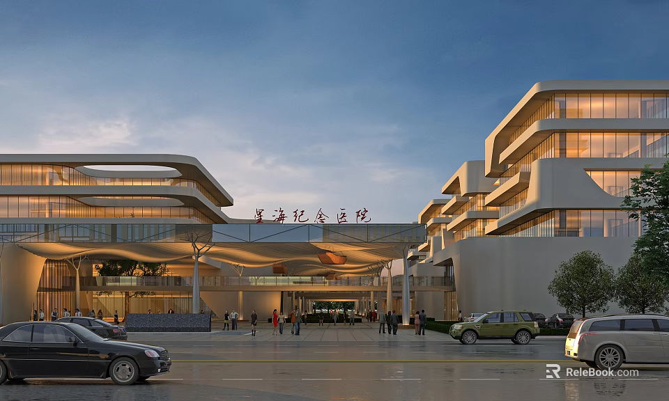 Modern Hospital Building Exterior Design with Glass Facade Entrance Parking Lot and Pedestrians 3d model 