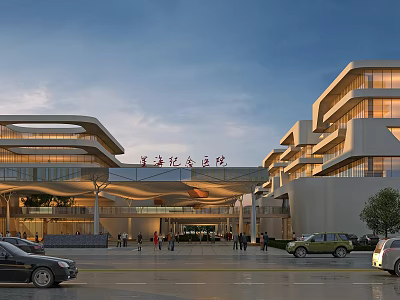 Modern Hospital Building Exterior Design with Glass Facade Entrance Parking Lot and Pedestrians 3d model