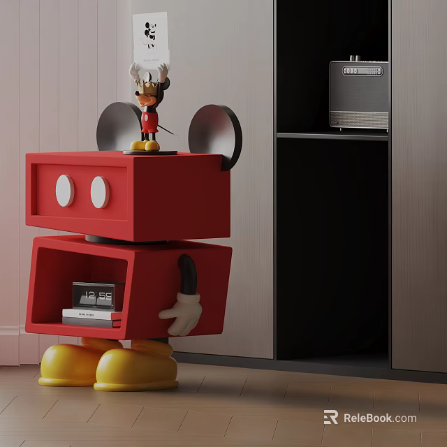 Red Robot Shaped Side Table With Mickey Mouse Figurine And Drawer Storage 3d model