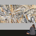 Modern Abstract Painting Featuring Golden Black White Swirls On Wall Two People Viewing