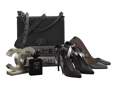Classic Black Chanel Leather Handbag with Logo Perfume and High Heels 3d model