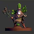 Man With Cactus Hat Decorative Outfit Holding Staff On Red Base With Small Cactus 3d model