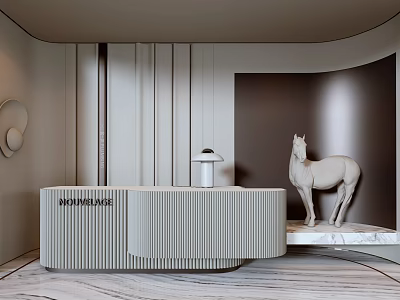 Elegant Modern Reception Desk With White Gray Striped Design And Horse Sculpture Table Lamp 3d model