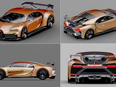 Golden Bugatti Sports Car Exterior With Sleek Design And Multiple Angles View 3d model