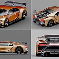Golden Bugatti Sports Car Exterior With Sleek Design And Multiple Angles View