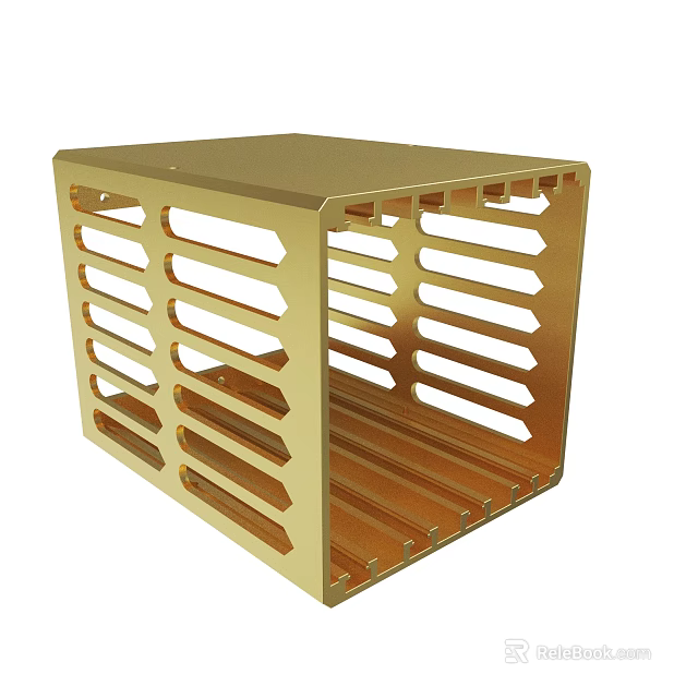 Golden Metal Cube Frame With Hollow Perforated Design And Striped Openings 3d model 