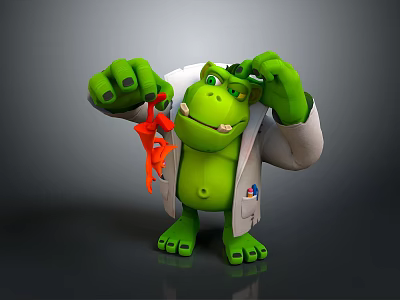Green Cartoon Character In White Lab Coat Holding Red Small Object 3d model