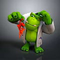 Green Cartoon Character In White Lab Coat Holding Red Small Object 3d model