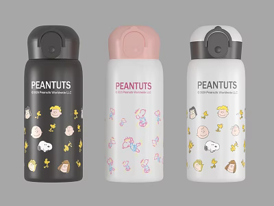 Peanuts Insulated Water Bottles with Snoopy Cartoon Character Prints in Black Pink White Colors 3d model