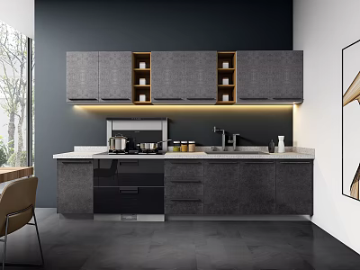 Modern Kitchen Interior With Gray Cabinets And Under Cabinet Lighting 3d model