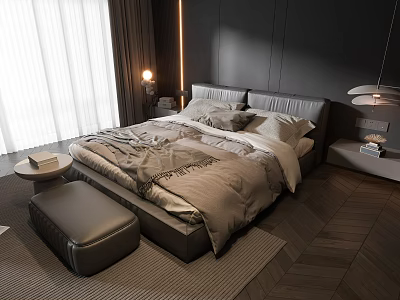 Double Bed with Upholstered Headboard Neutral Bedding Modern Bedside Table Lamp and Dark Wooden Flooring 3d model