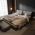 Double Bed with Upholstered Headboard Neutral Bedding Modern Bedside Table Lamp and Dark Wooden Flooring