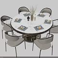 Modern Round Dining Table Set with Marble Tabletop Six Chairs Tableware and Vase Branches 3d model