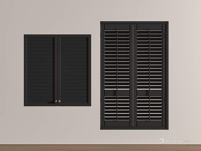 Black Window Shutters With Double Panel Louvered Slats Design For Home Interior 3d model 