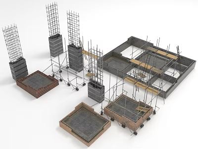 Construction Site Elements Including Steel Reinforcement Scaffolding And Concrete Foundations 3d model