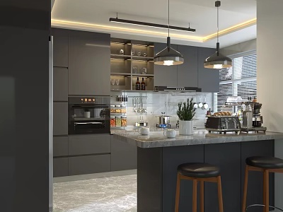 Modern Gray Kitchen Interior Design With Island Counter Hanging Lights Cabinets And Bar Stools 3d model