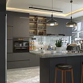 Modern Gray Kitchen Interior Design With Island Counter Hanging Lights Cabinets And Bar Stools