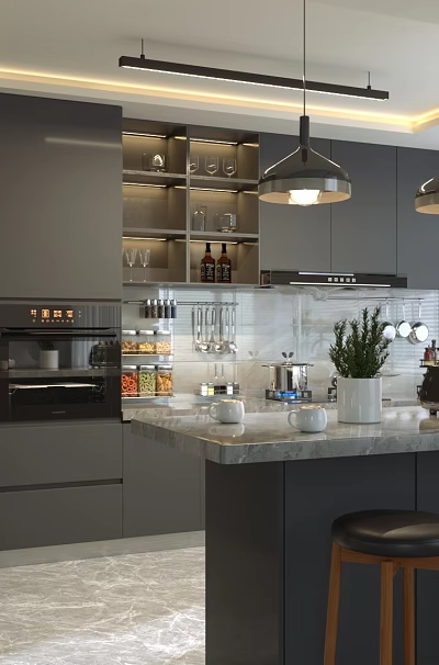 Modern Gray Kitchen Interior Design With Island Counter Hanging Lights Cabinets And Bar Stools 3d model