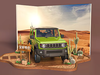 Desert Themed Display Model With Green Off Road Vehicle Cacti And Wooden Platform 3d model