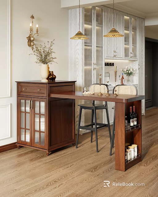Wooden Bar Counter Interior With Glass Door Cabinet Stool Chairs And Wine Bottles 3d model 