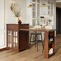 Wooden Bar Counter Interior With Glass Door Cabinet Stool Chairs And Wine Bottles