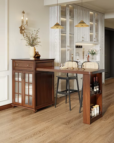 Wooden Bar Counter Interior With Glass Door Cabinet Stool Chairs And Wine Bottles 3d model