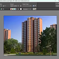 Modern High Rise Residential Building Red Brick Exterior Surrounded By Green Trees Under Blue Sky