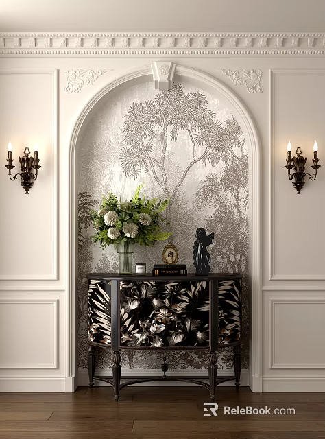 Entryway Console Cabinet With Arched Wall Tree Patterned Wallpaper Vase Flowers Sculpture Candelabra Wall Lamps 3d model 