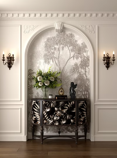 Entryway Console Cabinet With Arched Wall Tree Patterned Wallpaper Vase Flowers Sculpture Candelabra Wall Lamps 3d model