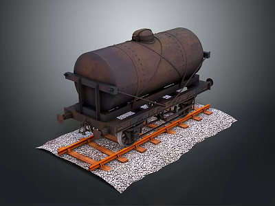 Rusty Tank Car Model on Orange Railway Tracks with Gravel Base 3d model