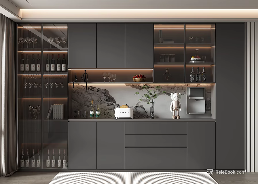 Modern Dark Gray Wine Cabinet Interior With Glass Doors Wine Bottles And Decorative Lighting 3d model 