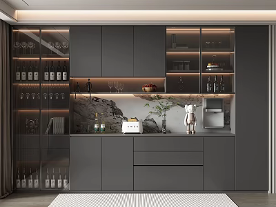 Modern Dark Gray Wine Cabinet Interior With Glass Doors Wine Bottles And Decorative Lighting 3d model